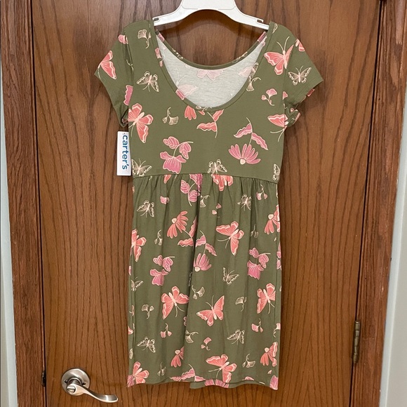 CARTERS NWT Girls Size 12 Olive Green Dress Pink Butterfly Print short sleeve - Picture 9 of 15